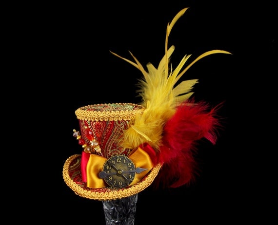 Red and Gold Damask Steampunk Medium Mini Top Hat Fascinator, Alice in Wonderland, Mad Hatter Tea Party, Derby Hat by TheWeeHatter steampunk buy now online
