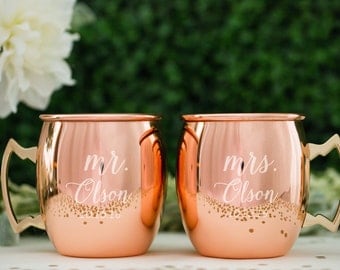 Personalized Moscow Mule Copper Mugs - (Set of TWO) Custom Engraved Round Copper Mug - Wedding Gift - Engagement Gift - Cocktail Home Bar