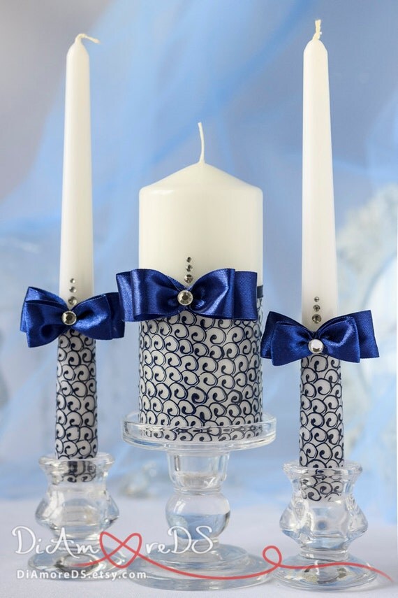 Navy blue wedding unity candle personalized votive candles