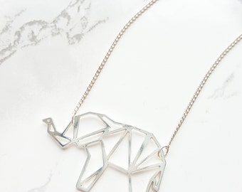 Origami elephant necklace, Geometric elephant, elephant pendant, silver elephant necklace, silver elephant, animal pendant