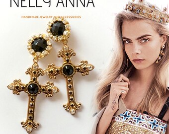 Byzantine gold cross clip-on earrings, designer inspired crosses embellished with rhinestones and gems