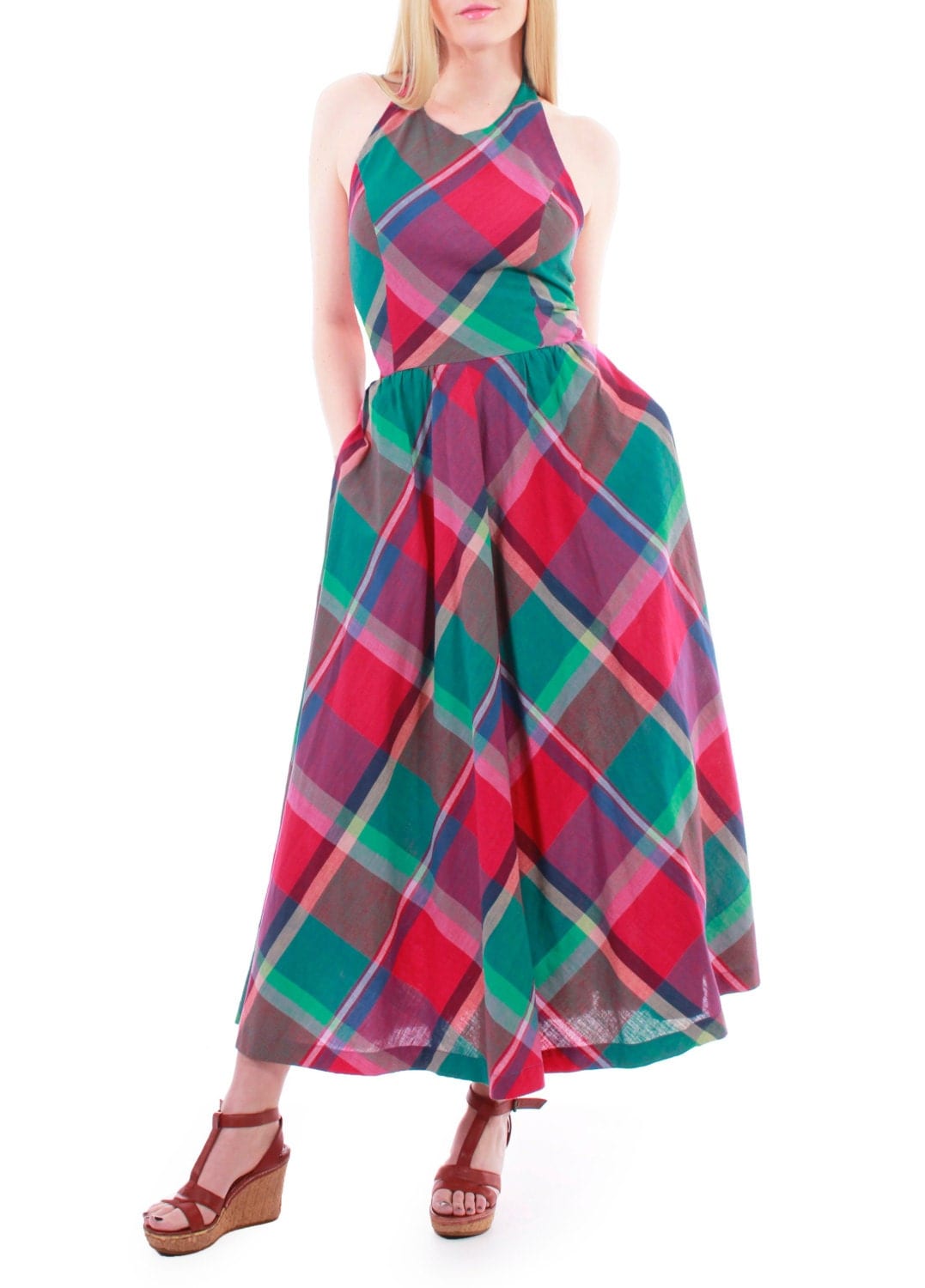 70s Vintage Madras Plaid Maxi Dress Pink Green And By Kcovintage