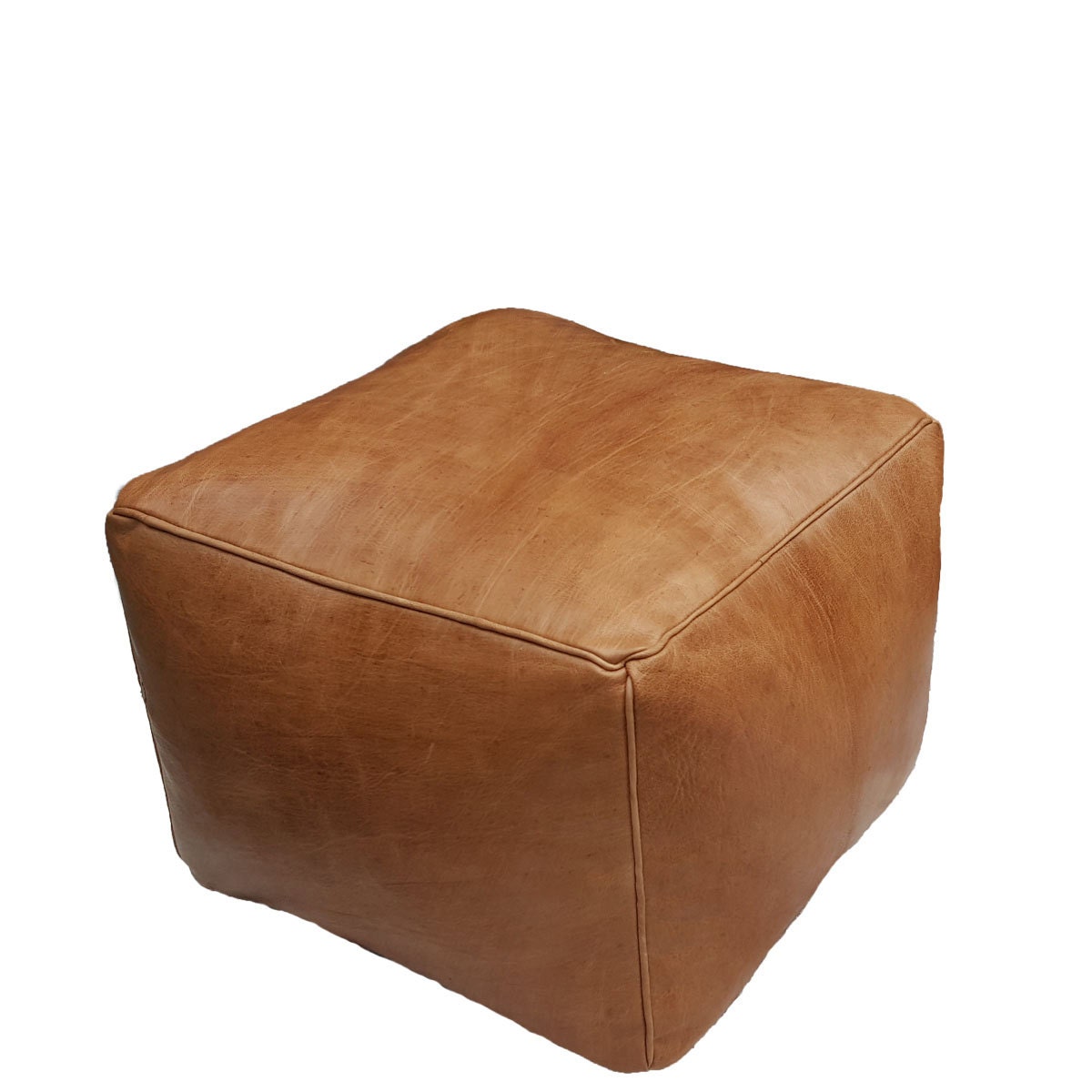 Leather Pouf Ottoman natural leather brown Cube small.