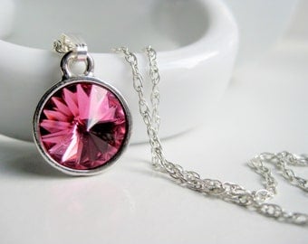 Hot pink necklace, magenta pendant, Swarovski crystal necklace, sterling chain, round necklace, handmade jewelry