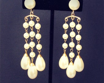 Vintage Pearl Chandelier Clip On Earrings