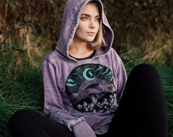 Purple Mountain Fleece Lined Festival Hoodie - Glow in the Dark Moon Sky and Crystal Hoodie - Distressed Acid Wash Zen Hippie Boho Pullover