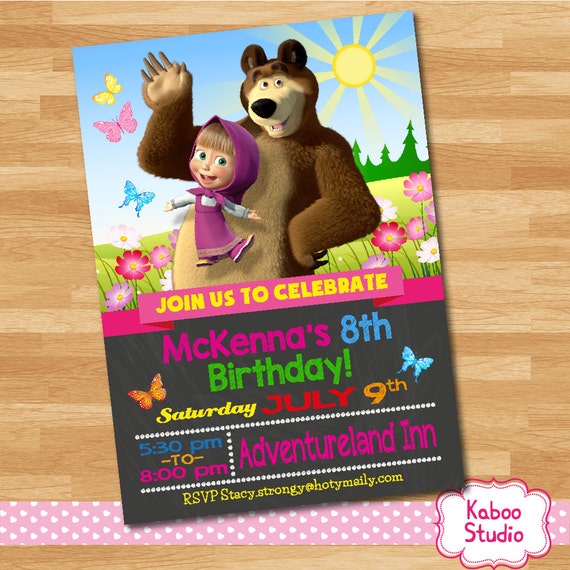 Digital File Printable Masha And The Bear Invitation Birthday Party 95c 