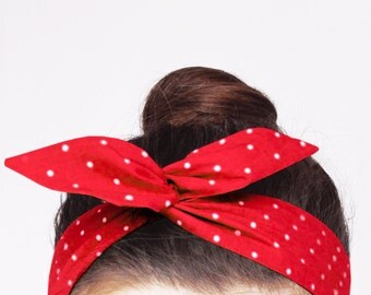Red Polka Dot Wire Headband. Cherry Red Twist Scarf. Vintage Dolly Bow Headwrap. Retro Bandana. Rosie The Riveter Headband.