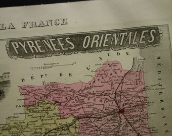 1883 antique map of Pyrénées-Orientales departement France - beautiful old hand colored print - Perpignan Saint-Estève Elne vintage poster