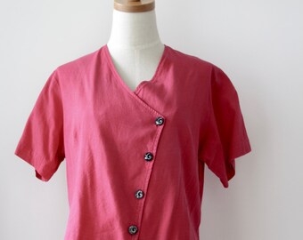Red button up shirt. Avant Garde cotton top. Japanese style top. Magenta summer top. 80s red top. Size M
