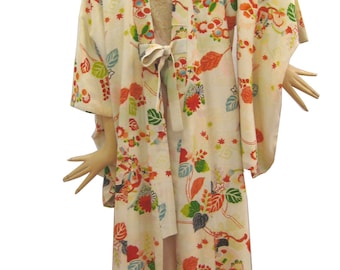 Vintage Japanese silk kimono with floral leaf motif