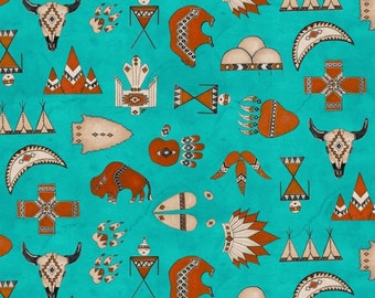 Native American Fabric, Totem Fabric - Spirit of the The Buffalo Tana Mueller for Blank Quilting 8118 Turquoise - Priced by Half yard