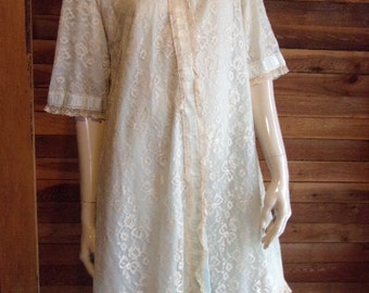 Vintage Lingerie 1950s ODETTE BARSA Blue Beige Lace Peignoir or Robe