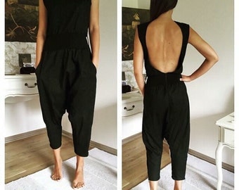 Harem Jumpsuit, Black Overall, Black Jumpsuit, Plus Size Romper, Black Romper, Open Back Jumpsuit, Plus Size Jumpsuit, Sexy Jumpsuit