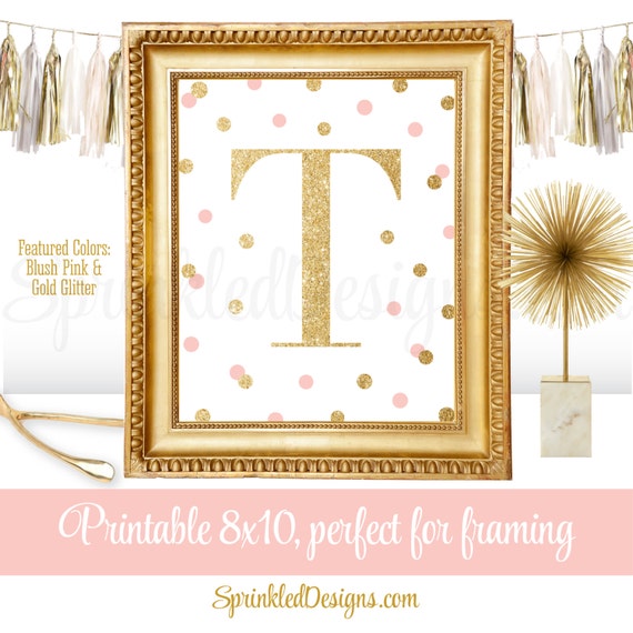 Printable Baby Girl Nursery Decor Wall Art - Letter T - Name Initial Monogram Sign, Kids Art Print, Blush Pink Gold Glitter 8x10 JPG Il_570xn