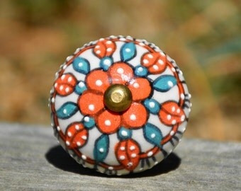 Ceramic knob/flower knob/orange knob/cabinet knob/door handle/drawer pull/decorative/furniture hardware/beautiful/unique/cute/painted/teal