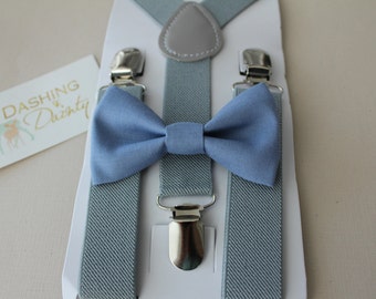 Bow Tie & Suspender Set, Blue Bow Tie, Gray Suspenders, Boys Clip On Bow Tie, Boys Suspenders, Toddler Bow Tie, Toddler Suspenders, Wedding