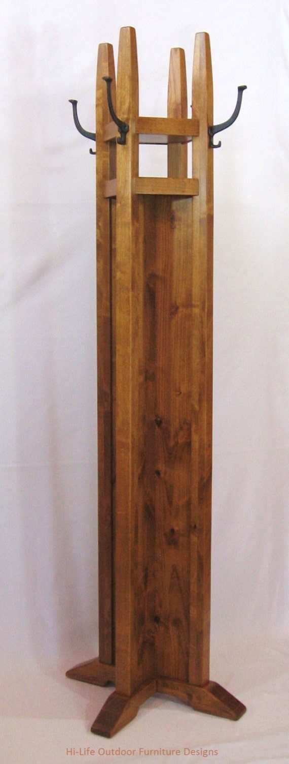 Handmade Coat Tree With 2 Shelves Alder Wood 4 Cast Iron