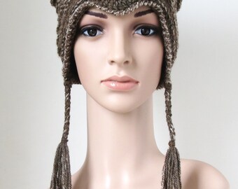Earflap Hat, Women's Winter Hat, Adult Animal Hat, Cat Ear Hat, Feline Hat, Teen Girl Hat With Tassels, Brown Wool Beanie