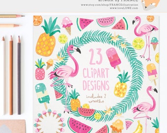 GET 3 FOR 2. Summer Tropical Clipart: Flamingo & Food. Watercolor Clipart. Pineapple, Ice Cream, Watermelon, Wreaths, Popsicle, Lime. CA019.