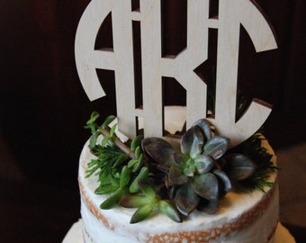 Circle Monogram Cake Topper - Unpainted Wooden Cake Topper - Wedding Cake Topper - Initial Cake Topper