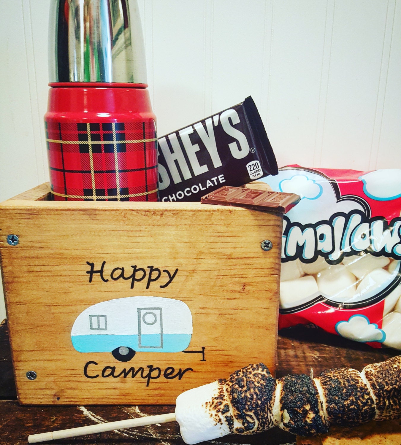 Happy camper wooden box, RV living decor, Airstream, Camping, Lake house decor, Home accent, Rustic box, Smores, Travel trailer, Cabin decor