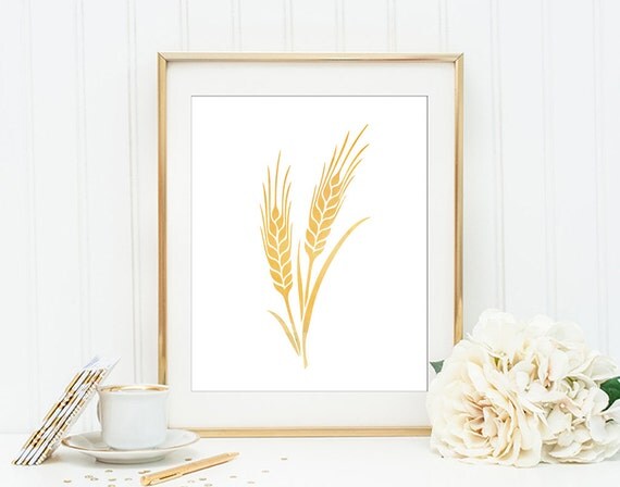Printable Wheat Art Watercolor Printable Wall Decor Minimalist Gold 
