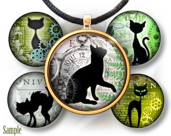 Vintage Steampunk Cats silhouettes - bottle cap images - 1'' circles, 25mm, 30mm, 1.25", 1.5" for Jewelry Making Idea, BUY 2 GET 1 FREE
