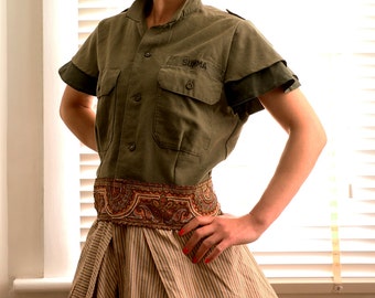 Customised German Military Cropped Shirt-Double Flared Sleeves with Exotic Embroidered Tape Hem Boho Look