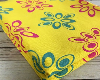 Yellow Cotton fabric, sewing material, Matting cotton hand dyed bright yellow, hand printed with ellipse pattern in green and magenta