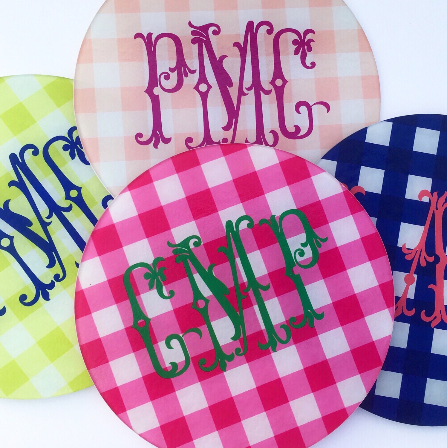 Large 12" Gingham Personalized/Monogrammed Glass Cutting Board