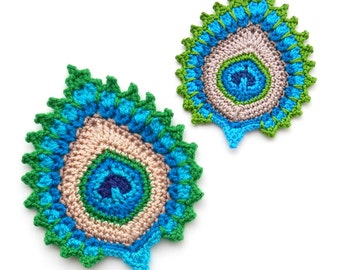Crochet PATTERN Peacock Feather "Nemali" Motif, Coaster and Garland - Photo Tutorial - INTERMEDIATE level- Original Design