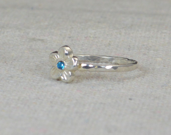 Small Flower Blue Zircon Ring, Silver Blue Zircon Ring, Flower Ring, Forget Me Not, Flower Jewelry, Sterling Flower Ring, floral ring