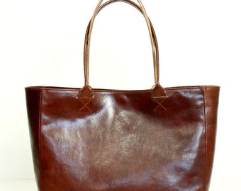 Cognac Brown Leather Tote Bag - BELLA Posh Handmade Brown Leather Tote Bag