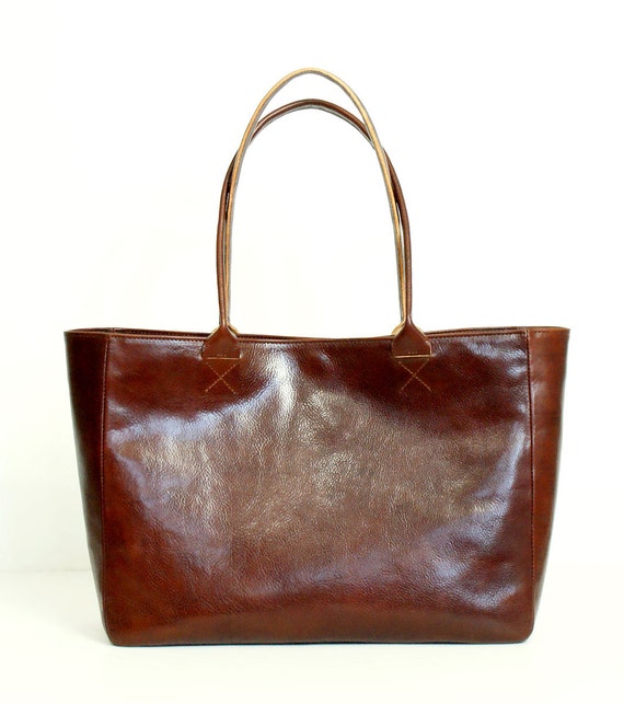 Cognac Brown Leather Tote Bag BELLA Posh Handmade Brown