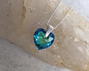My Heart Is An Ocean Necklace, Blue Heart Necklace, Blue Pendant Necklace, Blue Crystal Necklace, Sterling Silver Necklace, Valentine's Gift