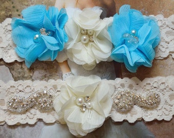 Blue Wedding Garter, Rhinestone Crystal Bridal Garter, Ivory Lace Garter, Malibu Blue Flower Garter, Something Blue,