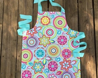 Kids Art Apron - Floral Tween Apron - Childrens Aprons - Floral Girls Apron - Aqua Tween Apron - Gift for tweens - tween birthday gift