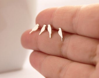 Tiny bird studs, four silver bird earrings, mismatched stud earrings, bird earrings, bird studs, tiny bird jewelry, gift for women, 4 birds