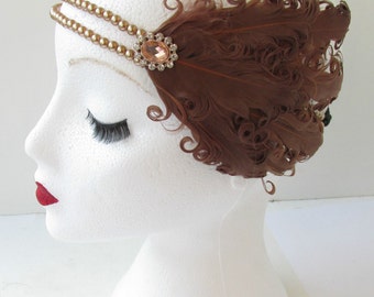 Brown Feather Headpiece Vintage 1920s Flapper Pearl Headband Great Gatsby Elasticated Charleston Fascinator Headdress Dress L28