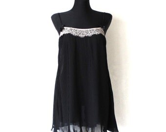 Vintage micro pleated black low back tiny strap lace bustier night gown slip dress M