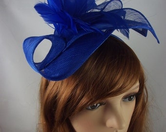Royal Blue Leaf Sinamay Fascinator with Feather Flower - Hat Wedding Races