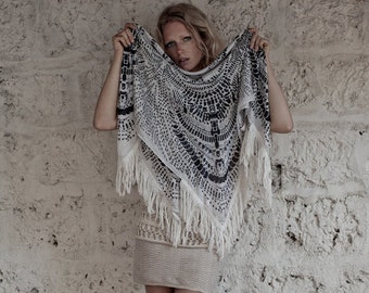 Silk Scarf Square In Black and Off White With Tassels, Tribal Scarf, Tassel Scarf, Bohemian Scarf, Boho Scarf, Hanamer