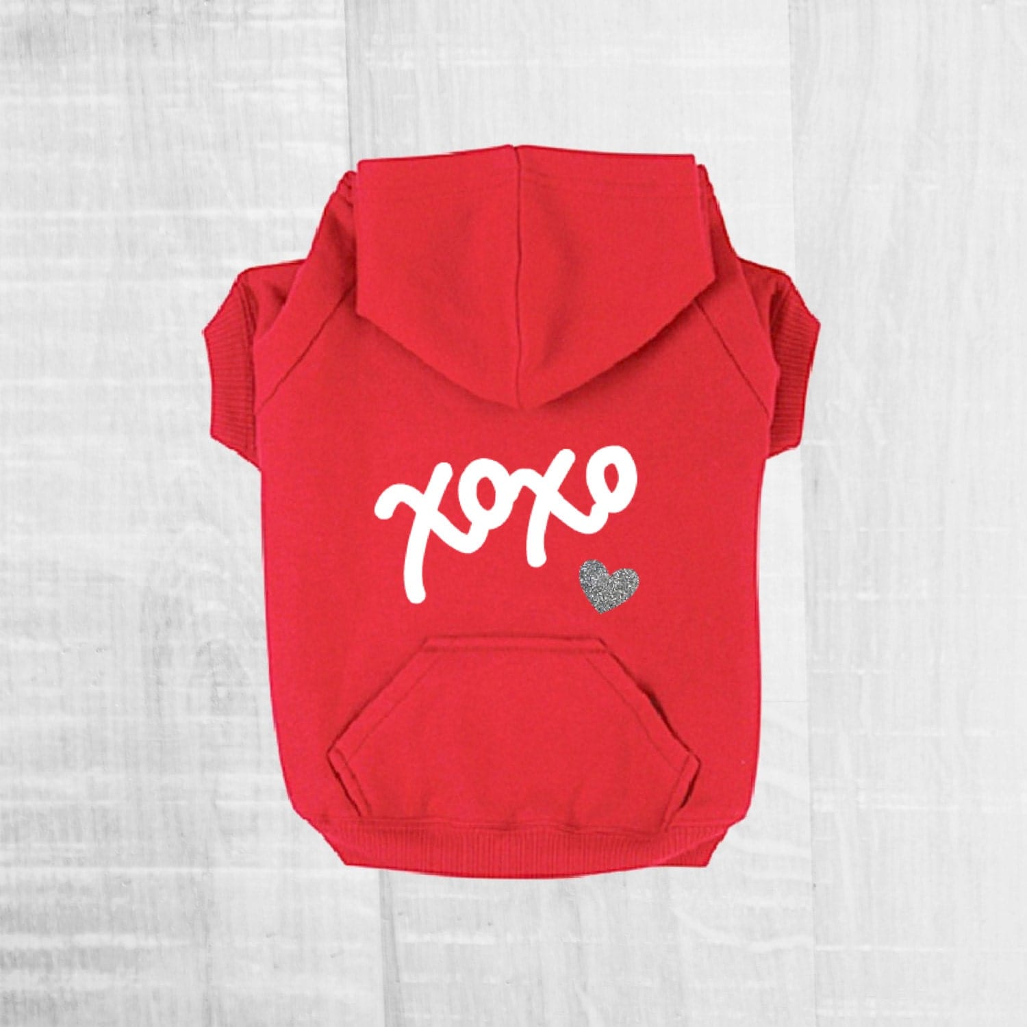 XOXO Dog Hoodie for Valentine's Day. Red Sweatshirt w/