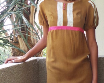 VINTAGE 1960s Cocoa Brown Empire Waist Babydoll Mod Short Dress, Size XS