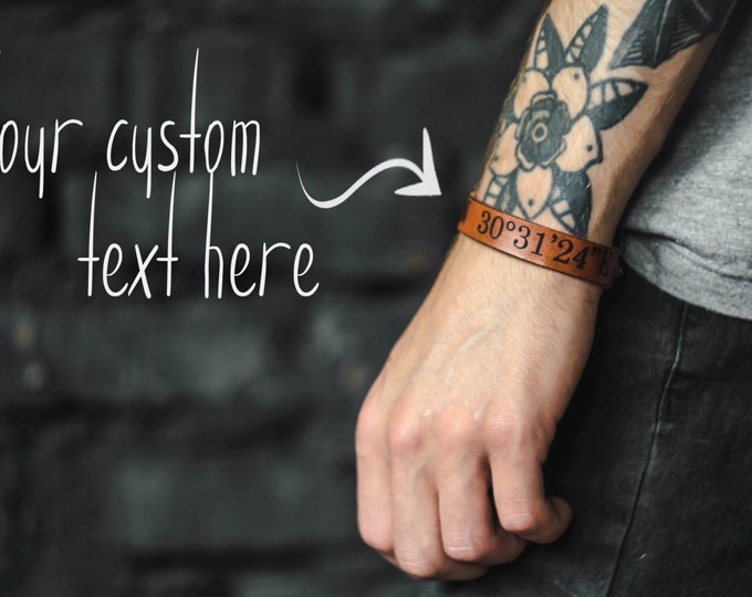 Custom GPS leather bracelet - personalized coordinates leather band - engraved location strap - longitude - latitude - location bracelet