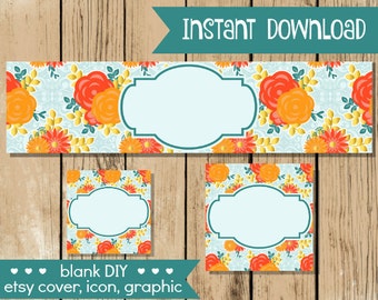 Blank DIY Etsy Shop Set - Coral Peach Flowers - Do It Yourself Shop Set - Blank Etsy Cover Icon Graphic - Fall Etsy Set - INSTANT DOWNLOAD