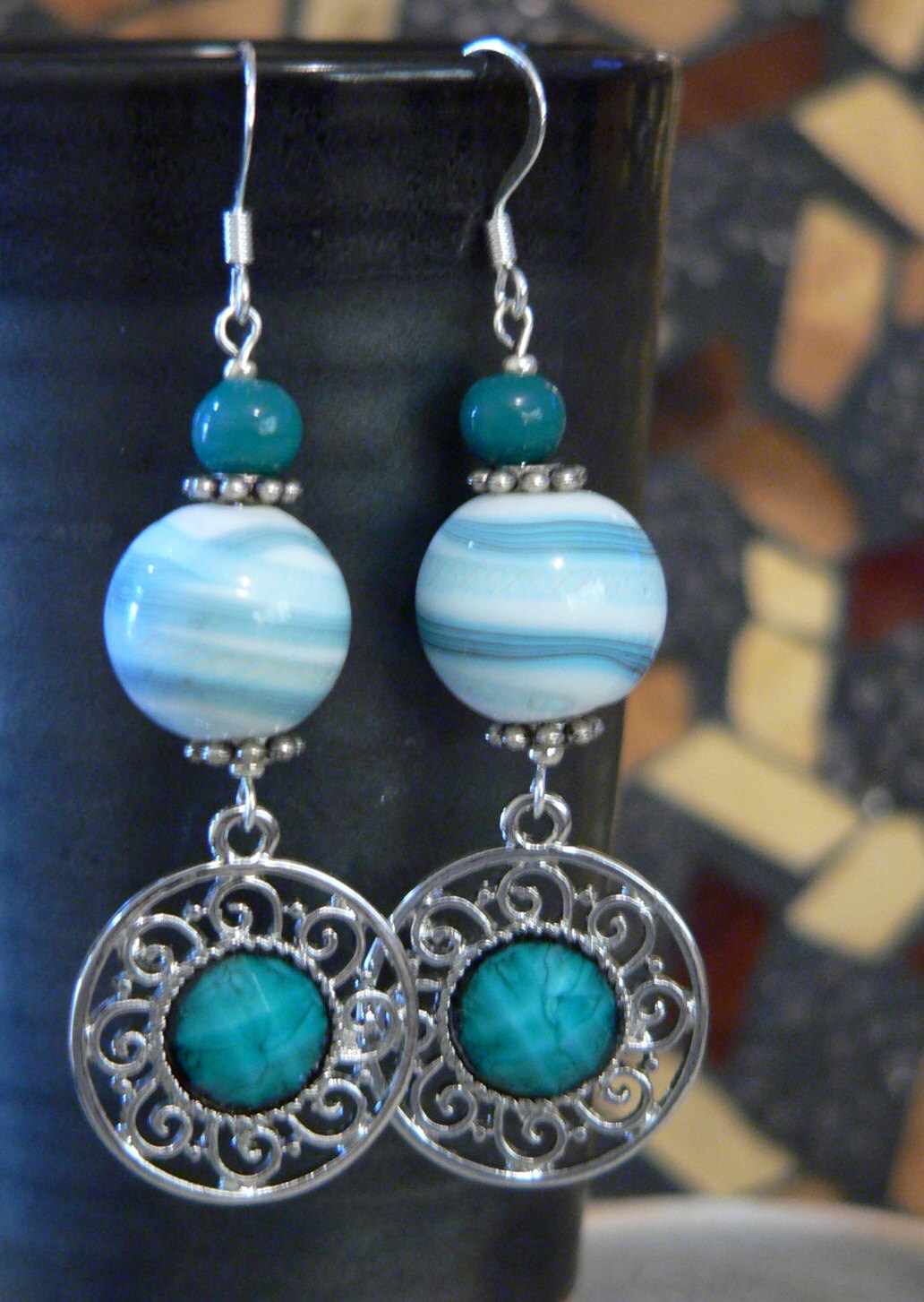 Teal earring teal and white bold earring Glass earring