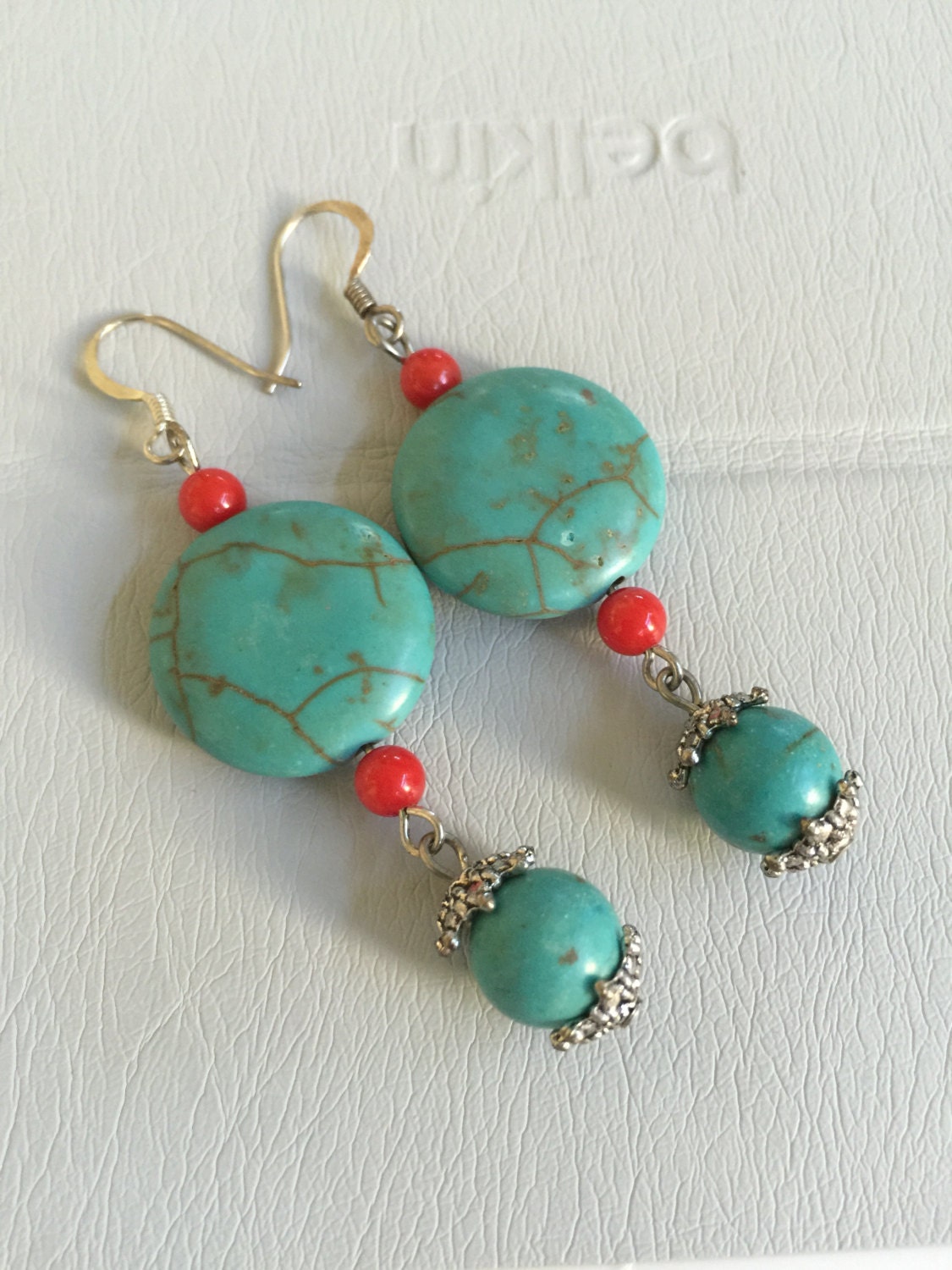 Turquoise and Red Coral Earrings