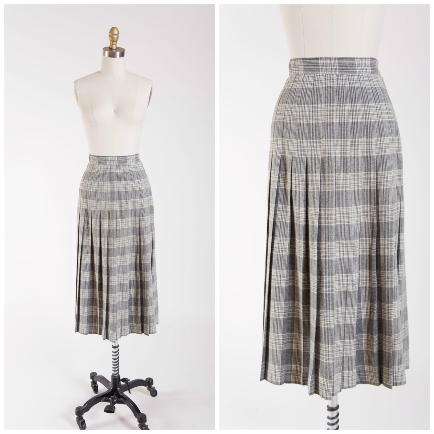 50s Vintage Pleated Skirt Grey Cream Plaid Wool Vintage 1950s